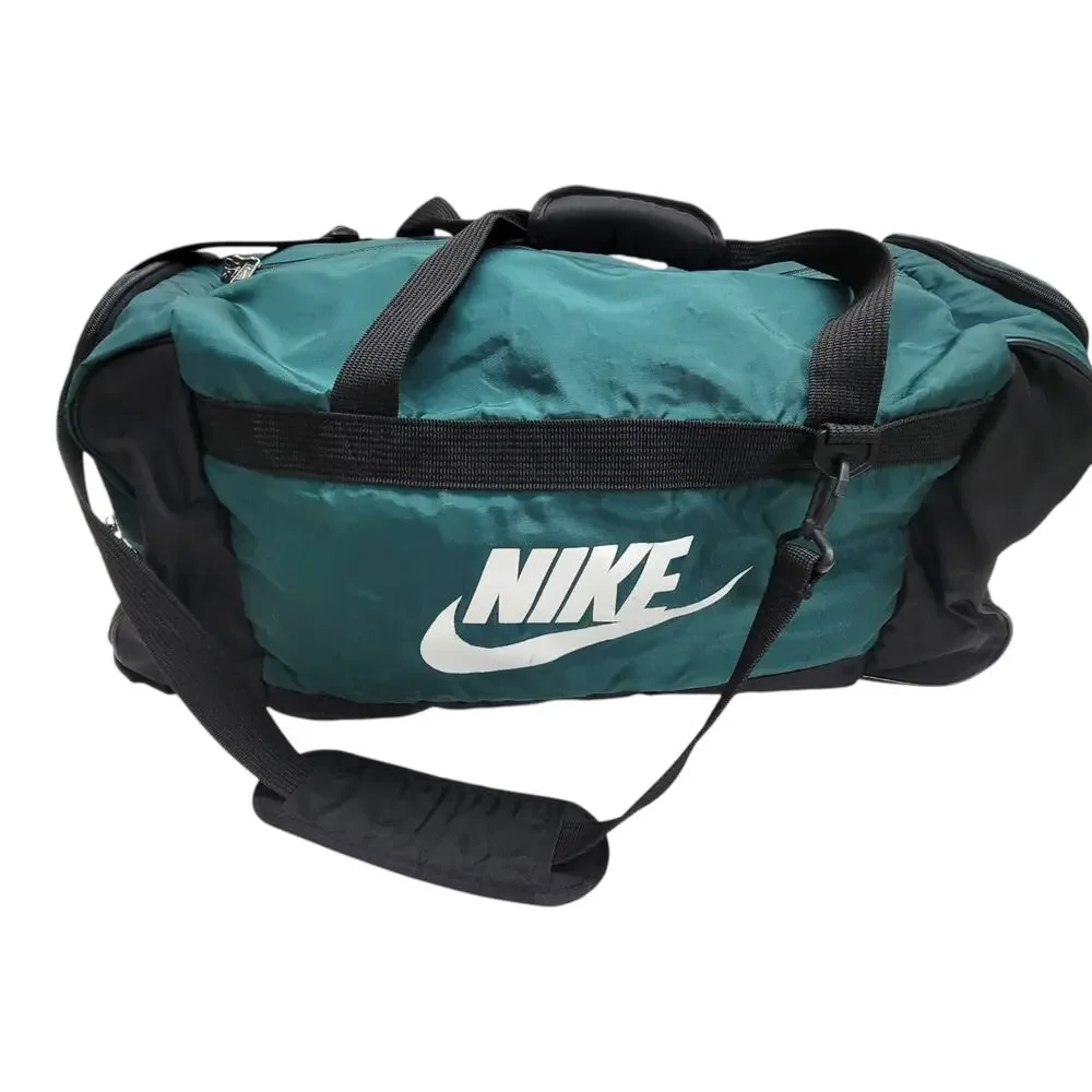 Vintage 90s Nike Duffle Bag Green Black Large Gym Travel Swoosh Made In Korea